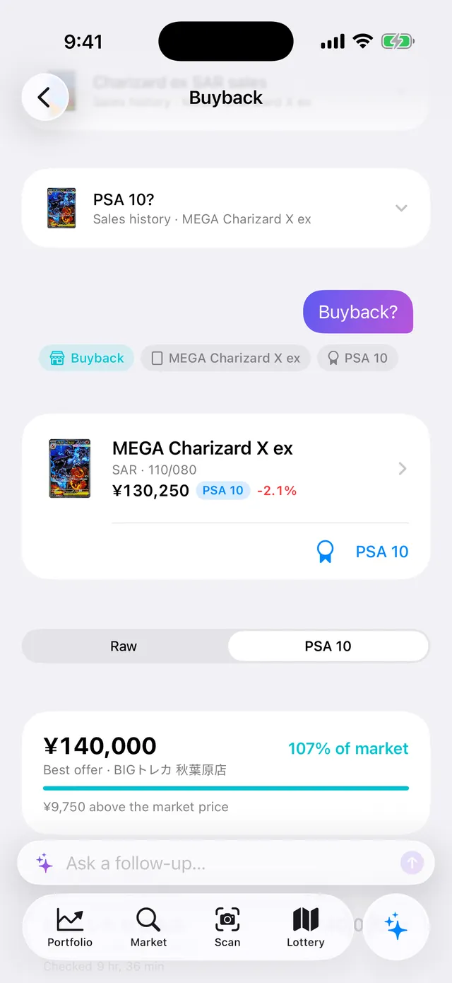 A thread: “Charizard ex SAR sales”, then “PSA 10?”, then “Buyback?”. Best PSA 10 offer ¥140,000