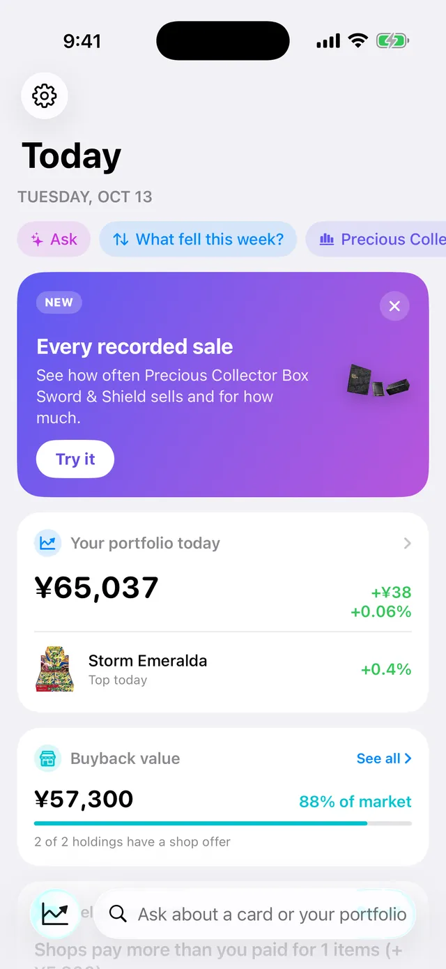 The Today tab: portfolio, buyback value, this week's movers, lotteries and watchlist