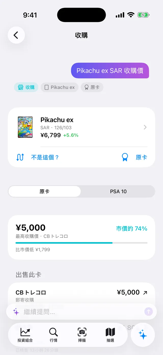 「Pikachu ex SAR 收購價」的回答：最高收購價 ¥5,000（市價的 74%）與店家列表