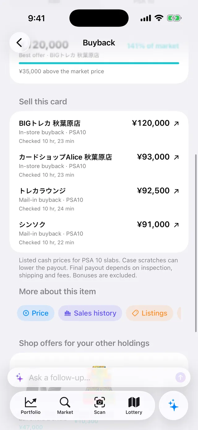 Pikachu ex SAR PSA 10 buyback screen: BIGトレカ 秋葉原店 ¥120,000, カードショップAlice 秋葉原店 ¥93,000, トレカラウンジ ¥92,500, シンソク ¥91,000