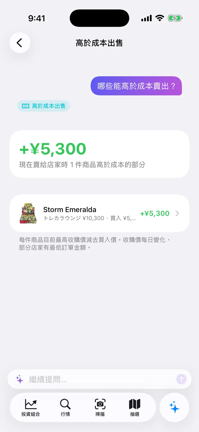 「哪些能高於成本賣出？」的回答：Storm Emerald 比買入價高 +¥5,300